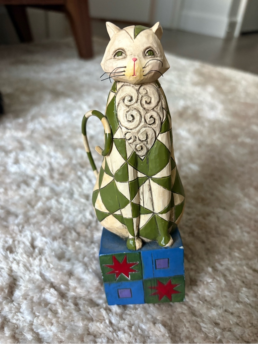 Jim Shore Green and Cream Geometric Cat Figurine